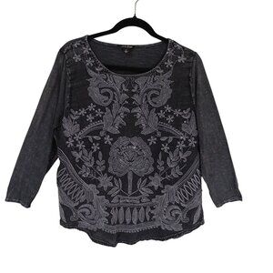 Lucky Brand Top Boho Black Floral Embroidered 3/4 Sleeve Sz L 100% Cotton Womens